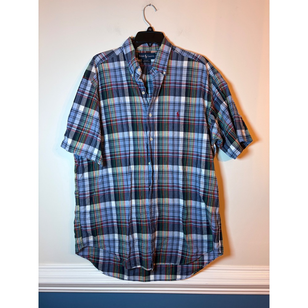Ralph Lauren Button Down Mens Large Blake Plaid Short Sleeve Cotton Blue Multi